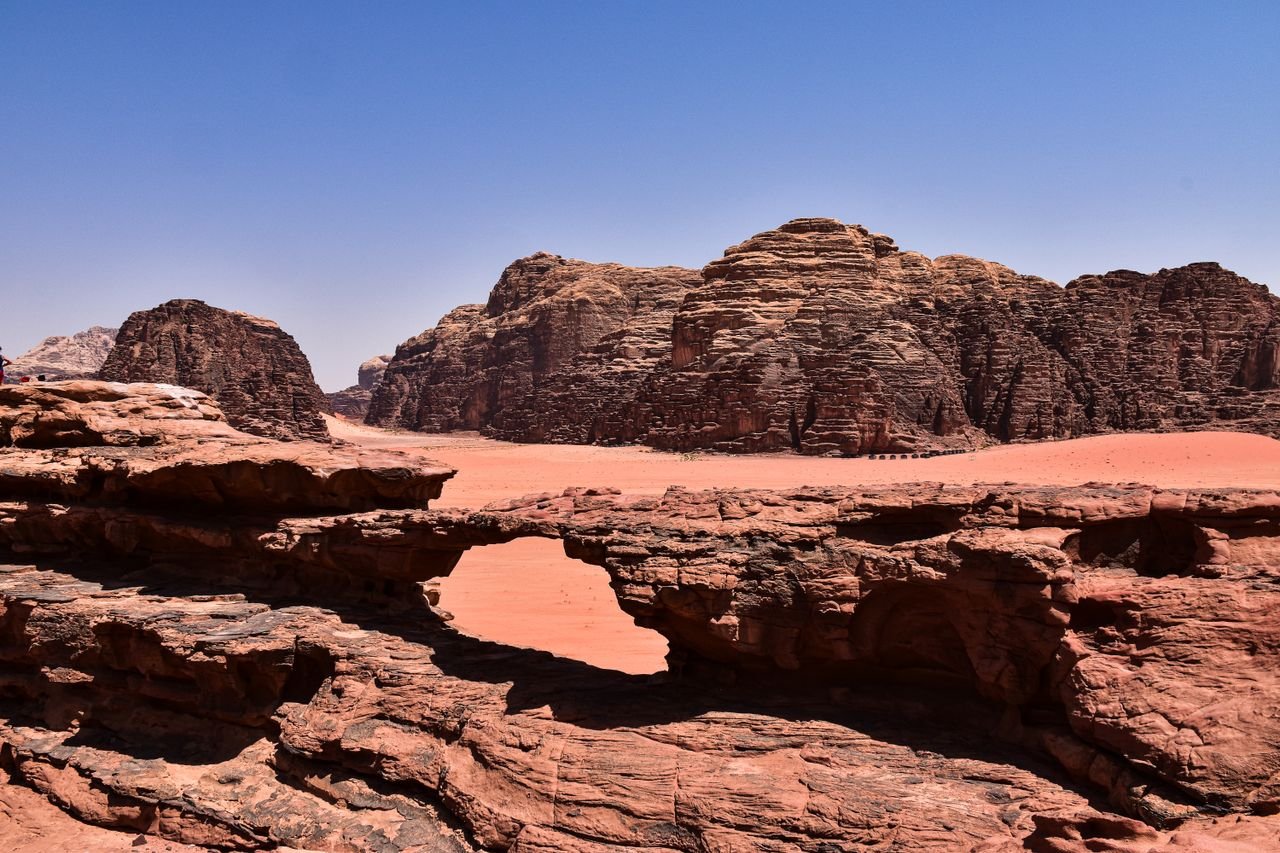 Explore the stunning rock formations of Wadi Rum desert, showcasing natural beauty under a clear blue sky.